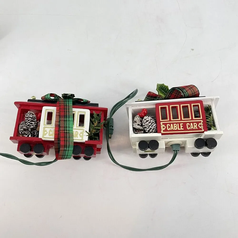 Lot of 2 Vintage NOMA Lighted Cable Car Santa Christmas Ornaments w/ Boxes